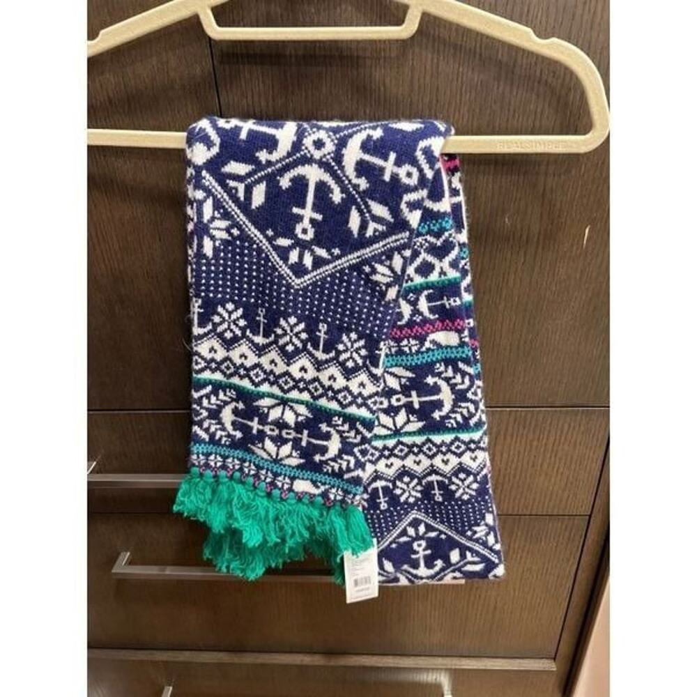 Vineyard Vines Nordic Anchor Snowflake Royal-Pink Lambswool Blend Scarf 7.5"x72"